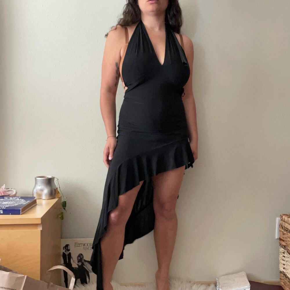 2000's Vintage Y2K black asymmetrical ruffle hem halter dress mcbling